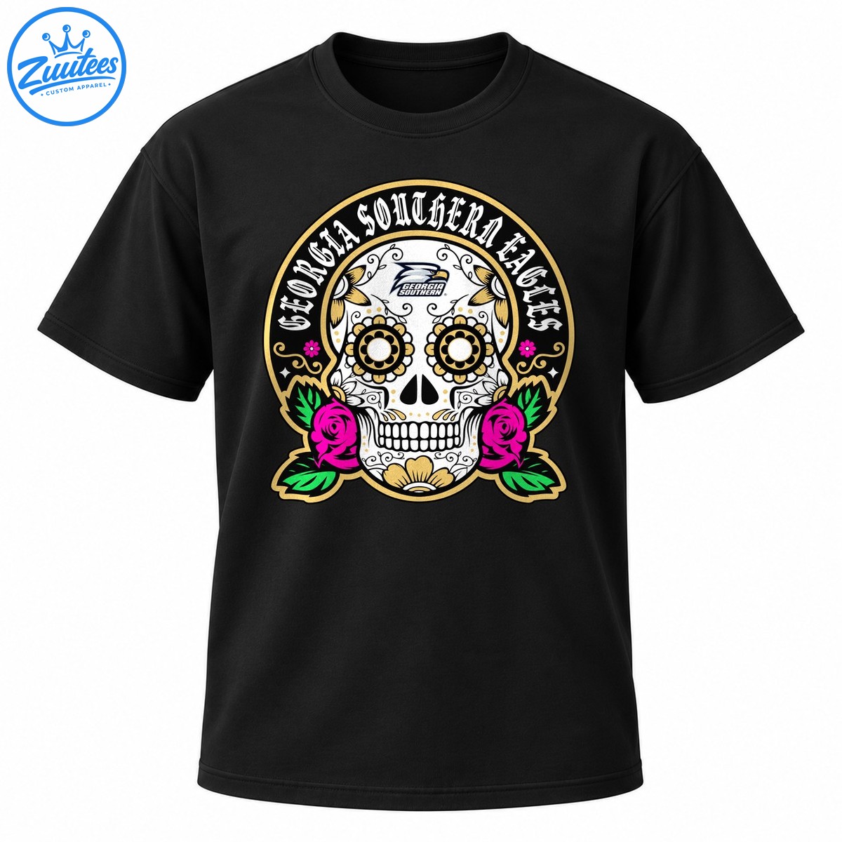 Georgia Southern Eagles sugar skull design with gothic lettering, gold floral details, pink roses, and green leaves Georgia Southern Eagles sugar skull design with gothic lettering, gold floral details, pink roses, and green leaves