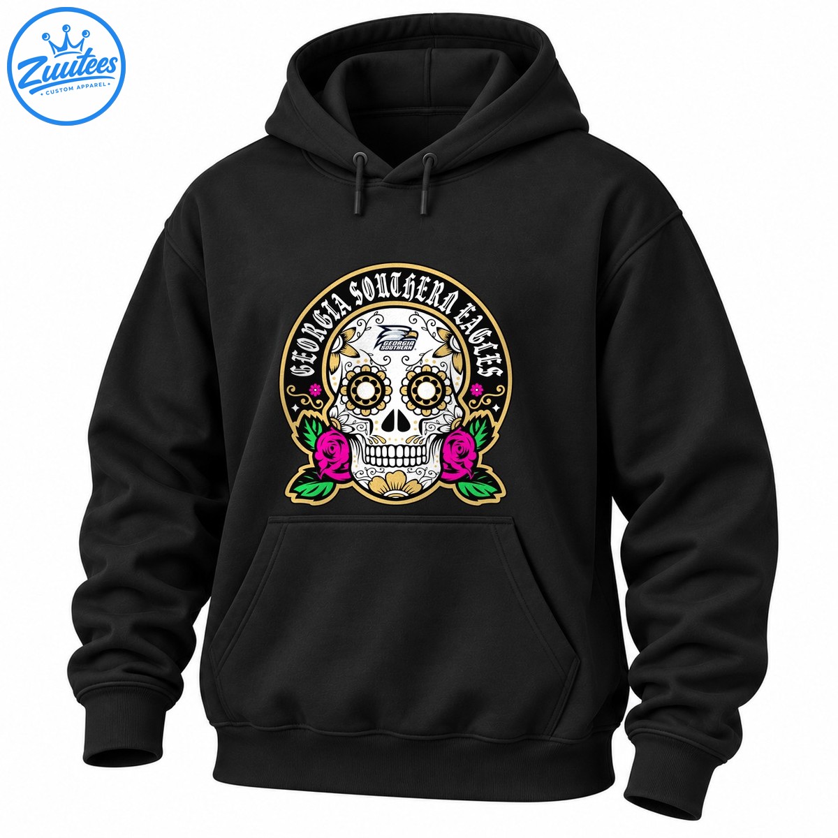 Georgia Southern Eagles sugar skull design with gothic lettering, gold floral details, pink roses, and green leaves Georgia Southern Eagles sugar skull design with gothic lettering, gold floral details, pink roses, and green leaves
