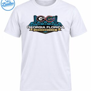 Georgia Florida rivalry graphic with a letter G, green alligator head, turquoise bridge, and Jacksonville banner