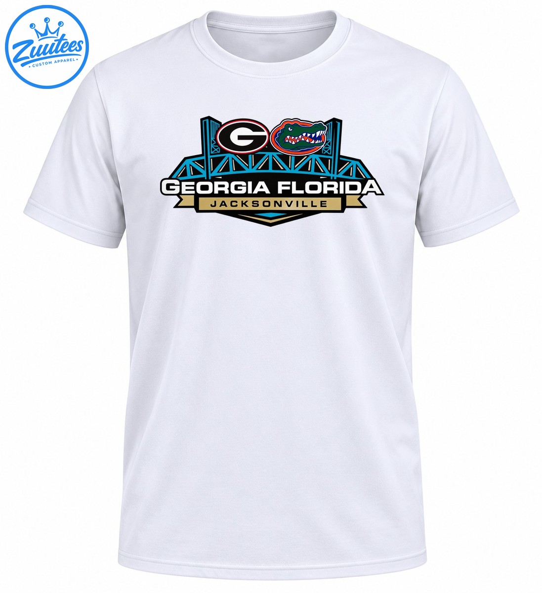 Georgia Florida rivalry graphic with a letter G, green alligator head, turquoise bridge, and Jacksonville banner Georgia Florida rivalry graphic with a letter G, green alligator head, turquoise bridge, and Jacksonville banner