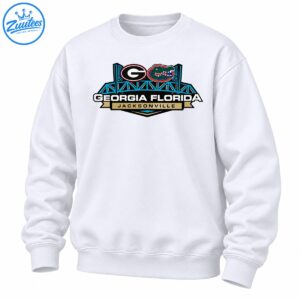 Georgia Florida rivalry graphic with a letter G, green alligator head, turquoise bridge, and Jacksonville banner