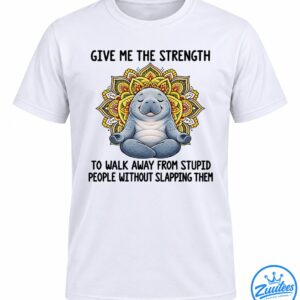 Gray-blue meditating manatee with closed eyes and a colorful yellow, orange, red, and green mandala design.