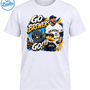 Go Brewers Go graphic with Bernie Brewer mascot, cheering number 11 player, Milwaukee Brewers logo and gold lettering