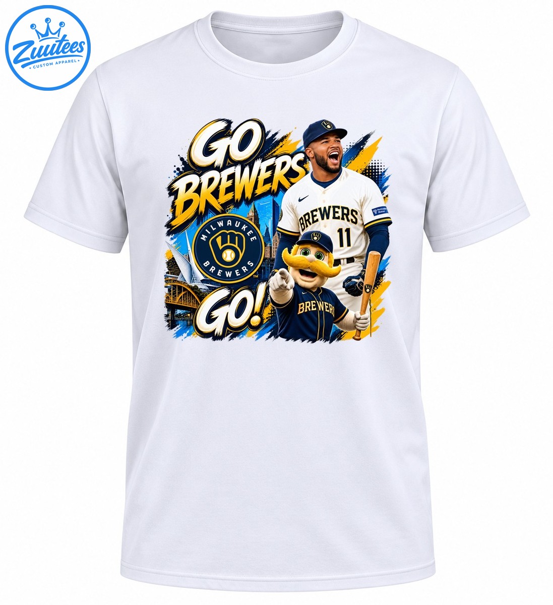 Go Brewers Go graphic with Bernie Brewer mascot, cheering number 11 player, Milwaukee Brewers logo and gold lettering Go Brewers Go graphic with Bernie Brewer mascot, cheering number 11 player, Milwaukee Brewers logo and gold lettering
