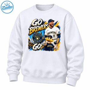 Go Brewers Go graphic with Bernie Brewer mascot, cheering number 11 player, Milwaukee Brewers logo and gold lettering