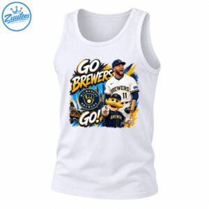 Go Brewers Go graphic with Bernie Brewer mascot, cheering number 11 player, Milwaukee Brewers logo and gold lettering