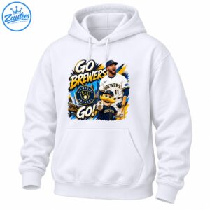 Go Brewers Go graphic with Bernie Brewer mascot, cheering number 11 player, Milwaukee Brewers logo and gold lettering