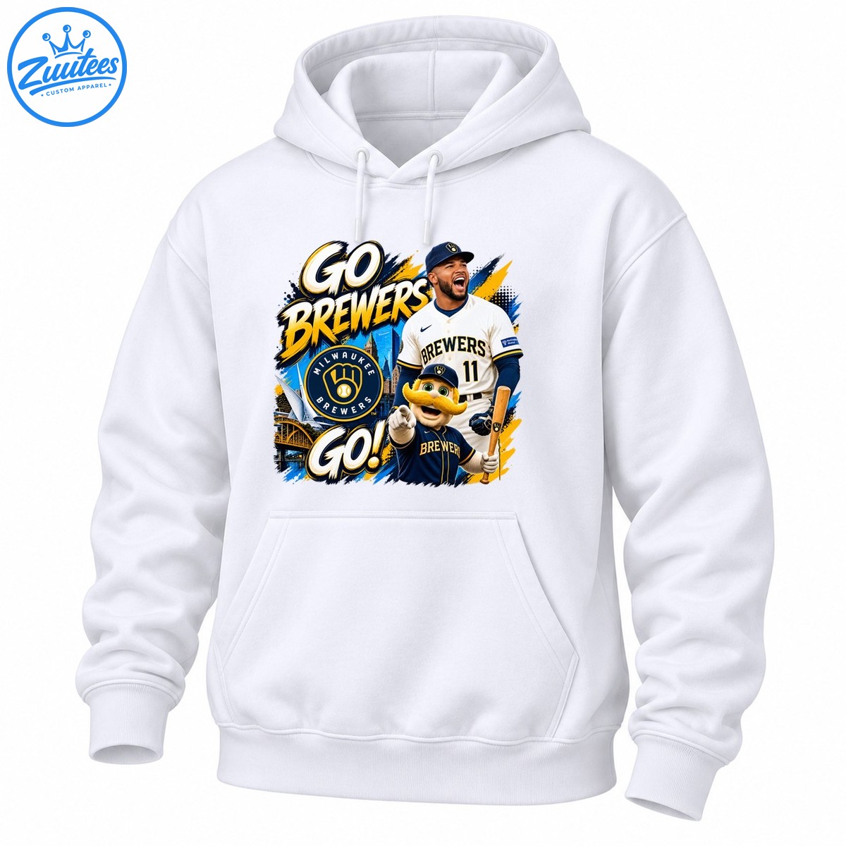 Go Brewers Go graphic with Bernie Brewer mascot, cheering number 11 player, Milwaukee Brewers logo and gold lettering Go Brewers Go graphic with Bernie Brewer mascot, cheering number 11 player, Milwaukee Brewers logo and gold lettering