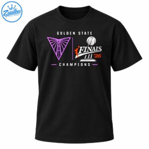 Golden State Finals Champions basketball graphic with a purple geometric emblem, silver trophy, orange player, and 2026 lettering