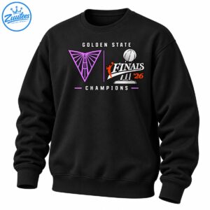 Golden State Finals Champions basketball graphic with a purple geometric emblem, silver trophy, orange player, and 2026 lettering