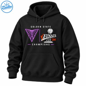 Golden State Finals Champions basketball graphic with a purple geometric emblem, silver trophy, orange player, and 2026 lettering
