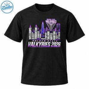 Golden State Valkyries 2026 player names shirt with purple city skyline, team emblem and bold distressed lettering