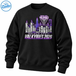 Golden State Valkyries 2026 player names shirt with purple city skyline, team emblem and bold distressed lettering