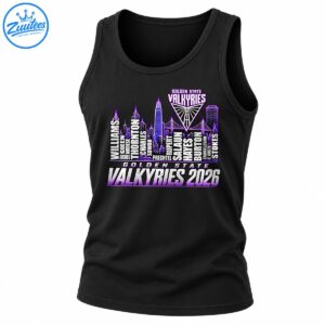 Golden State Valkyries 2026 player names shirt with purple city skyline, team emblem and bold distressed lettering