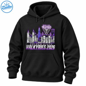 Golden State Valkyries 2026 player names shirt with purple city skyline, team emblem and bold distressed lettering