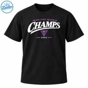 Golden State Valkyries Champs 2026 shirt design with bold white lettering, purple accents, and a triangular emblem