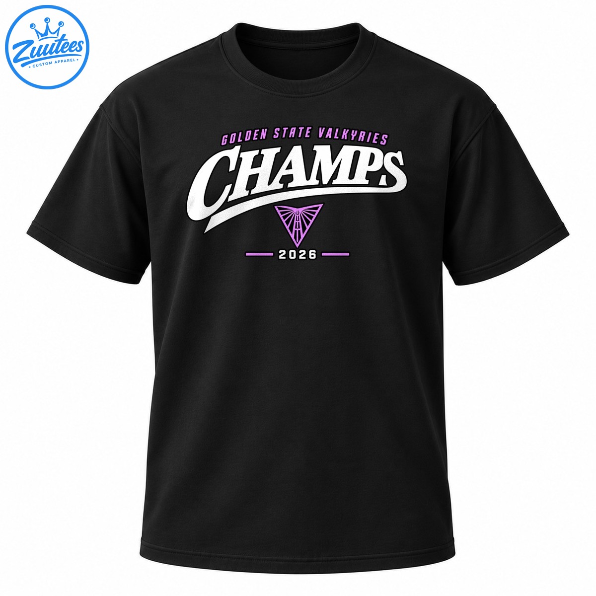 Golden State Valkyries Champs 2026 shirt design with bold white lettering, purple accents, and a triangular emblem Golden State Valkyries Champs 2026 shirt design with bold white lettering, purple accents, and a triangular emblem