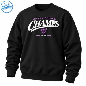 Golden State Valkyries Champs 2026 shirt design with bold white lettering, purple accents, and a triangular emblem