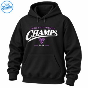 Golden State Valkyries Champs 2026 shirt design with bold white lettering, purple accents, and a triangular emblem