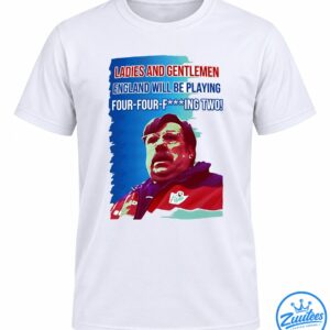 Graham Taylor football shirt design with red and white four-four-fing two lettering and a retro portrait on a blue background.