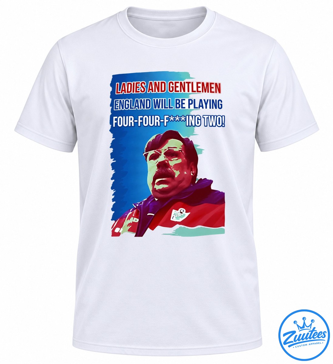Graham Taylor Ladies And Gentlemen England Will Be Playing Four four fing Two Shirt Graham Taylor football shirt design with red and white four-four-fing two lettering and a retro portrait on a blue background.