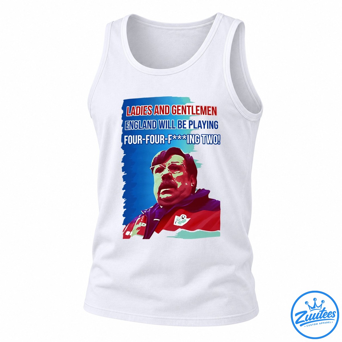 Graham Taylor Ladies And Gentlemen England Will Be Playing Four four fing Two Shirt Graham Taylor football shirt design with red and white four-four-fing two lettering and a retro portrait on a blue background.
