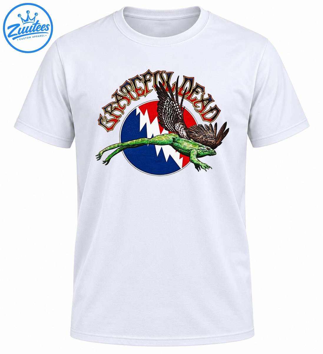Grateful Dead lettering above a green flying frog with feathered wings and a red blue and white lightning bolt emblem Grateful Dead lettering above a green flying frog with feathered wings and a red blue and white lightning bolt emblem