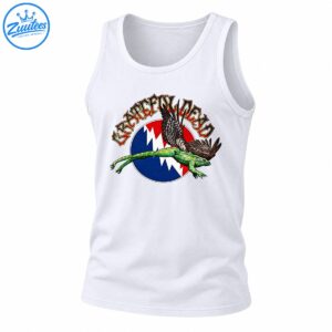 Grateful Dead lettering above a green flying frog with feathered wings and a red blue and white lightning bolt emblem