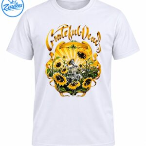 Vintage golden sunflower design with a seated black and white skeleton, green foliage, radiant sunburst, and ornate gold Grateful Dead script