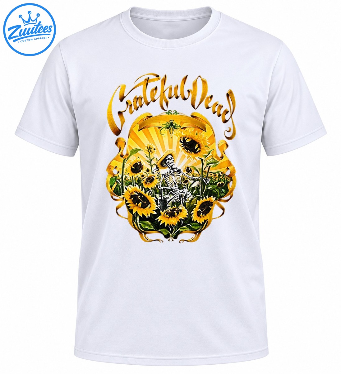 Vintage golden sunflower design with a seated black and white skeleton, green foliage, radiant sunburst, and ornate gold Grateful Dead script Vintage golden sunflower design with a seated black and white skeleton, green foliage, radiant sunburst, and ornate gold Grateful Dead script