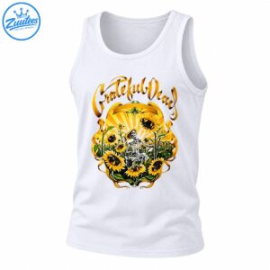 Vintage golden sunflower design with a seated black and white skeleton, green foliage, radiant sunburst, and ornate gold Grateful Dead script