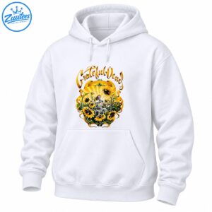 Vintage golden sunflower design with a seated black and white skeleton, green foliage, radiant sunburst, and ornate gold Grateful Dead script