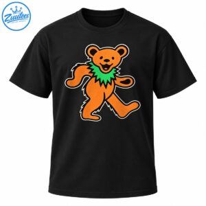 Orange dancing bear with a bright green spiky collar, smiling face, and bold black and cream vintage-style outlines