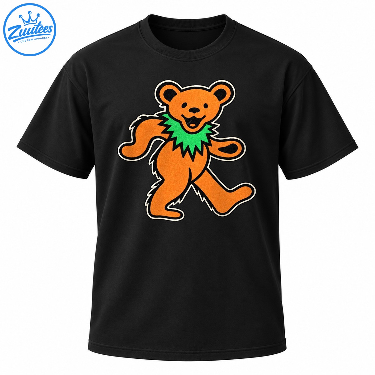 Orange dancing bear with a bright green spiky collar, smiling face, and bold black and cream vintage style outlines Orange dancing bear with a bright green spiky collar, smiling face, and bold black and cream vintage-style outlines
