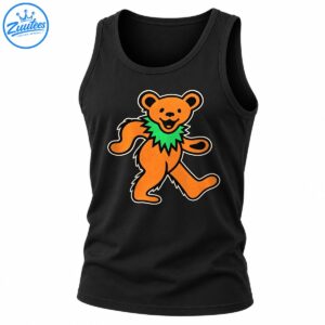 Orange dancing bear with a bright green spiky collar, smiling face, and bold black and cream vintage-style outlines