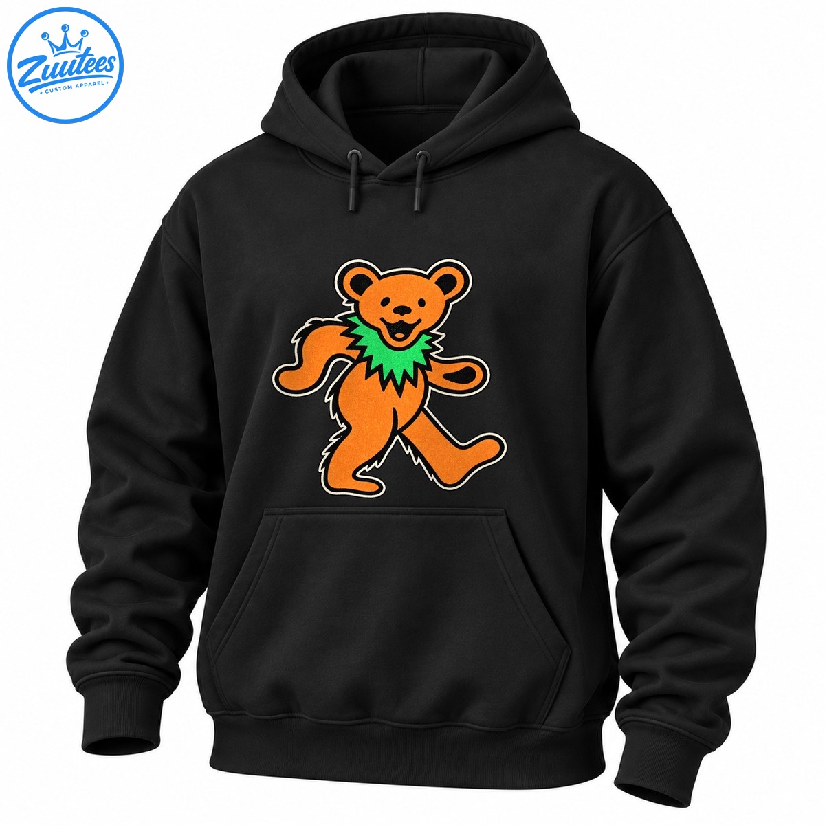 Orange dancing bear with a bright green spiky collar, smiling face, and bold black and cream vintage style outlines Orange dancing bear with a bright green spiky collar, smiling face, and bold black and cream vintage-style outlines