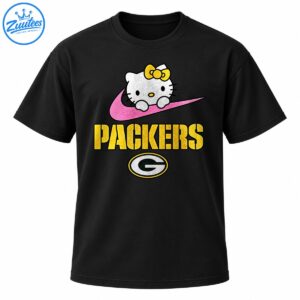 Hello Kitty with a gold bow on a pink swoosh above gold PACKERS lettering and an oval Green Bay G emblem
