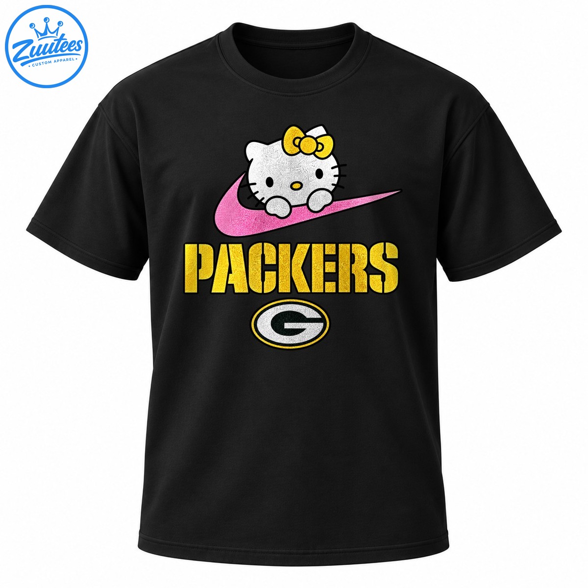 Hello Kitty with a gold bow on a pink swoosh above gold PACKERS lettering and an oval Green Bay G emblem Hello Kitty with a gold bow on a pink swoosh above gold PACKERS lettering and an oval Green Bay G emblem
