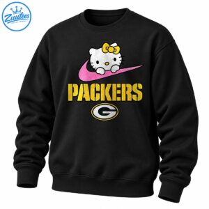 Hello Kitty with a gold bow on a pink swoosh above gold PACKERS lettering and an oval Green Bay G emblem