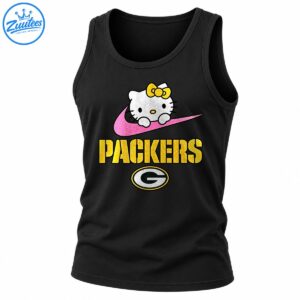 Hello Kitty with a gold bow on a pink swoosh above gold PACKERS lettering and an oval Green Bay G emblem