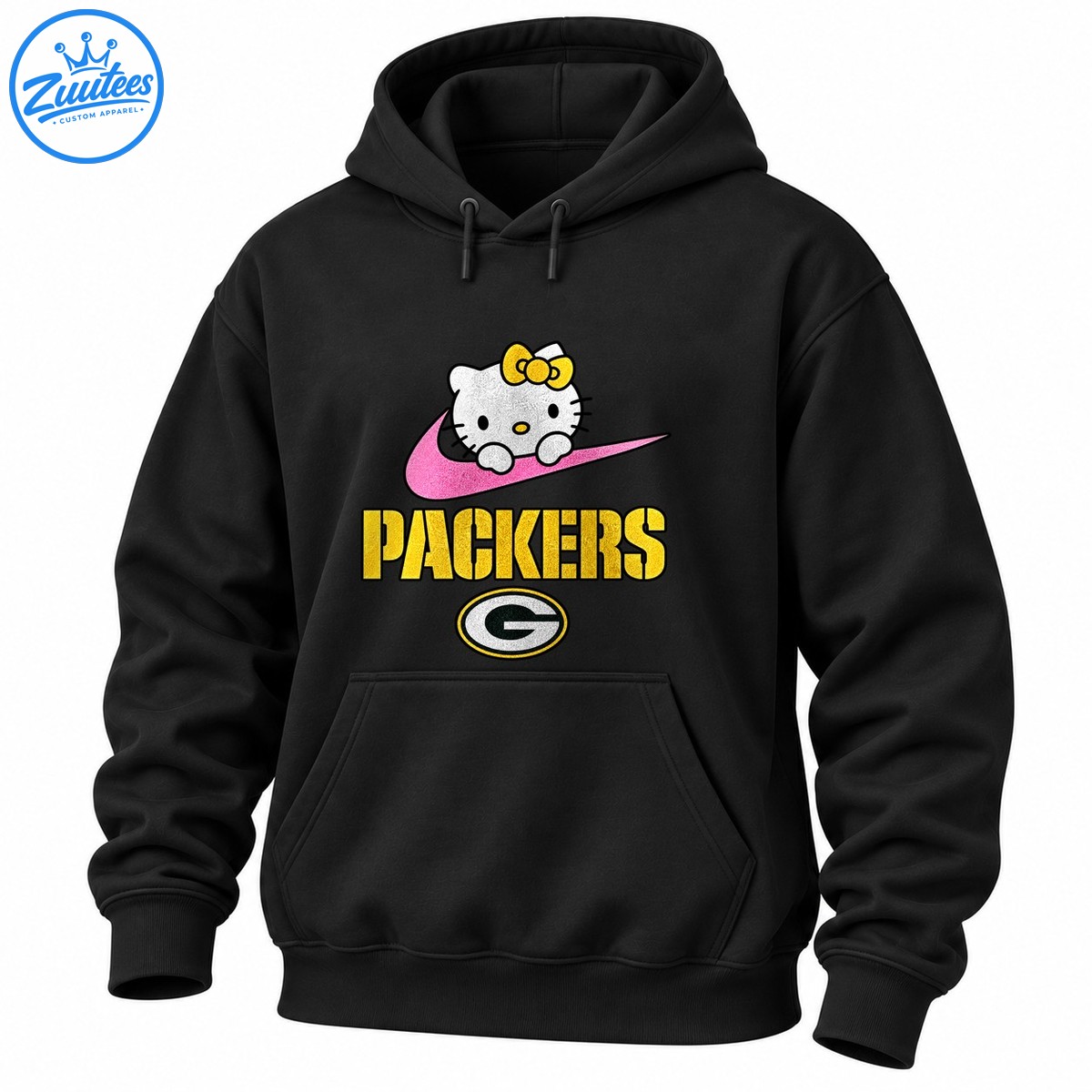 Hello Kitty with a gold bow on a pink swoosh above gold PACKERS lettering and an oval Green Bay G emblem Hello Kitty with a gold bow on a pink swoosh above gold PACKERS lettering and an oval Green Bay G emblem