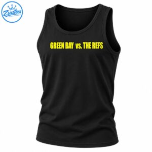 GREEN BAY vs. THE REFS shirt design in bold yellow condensed lettering with a distressed black outline