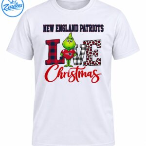 Green Grinch holding a red Patriots heart beside plaid and leopard-print LOVE lettering and red Christmas script
