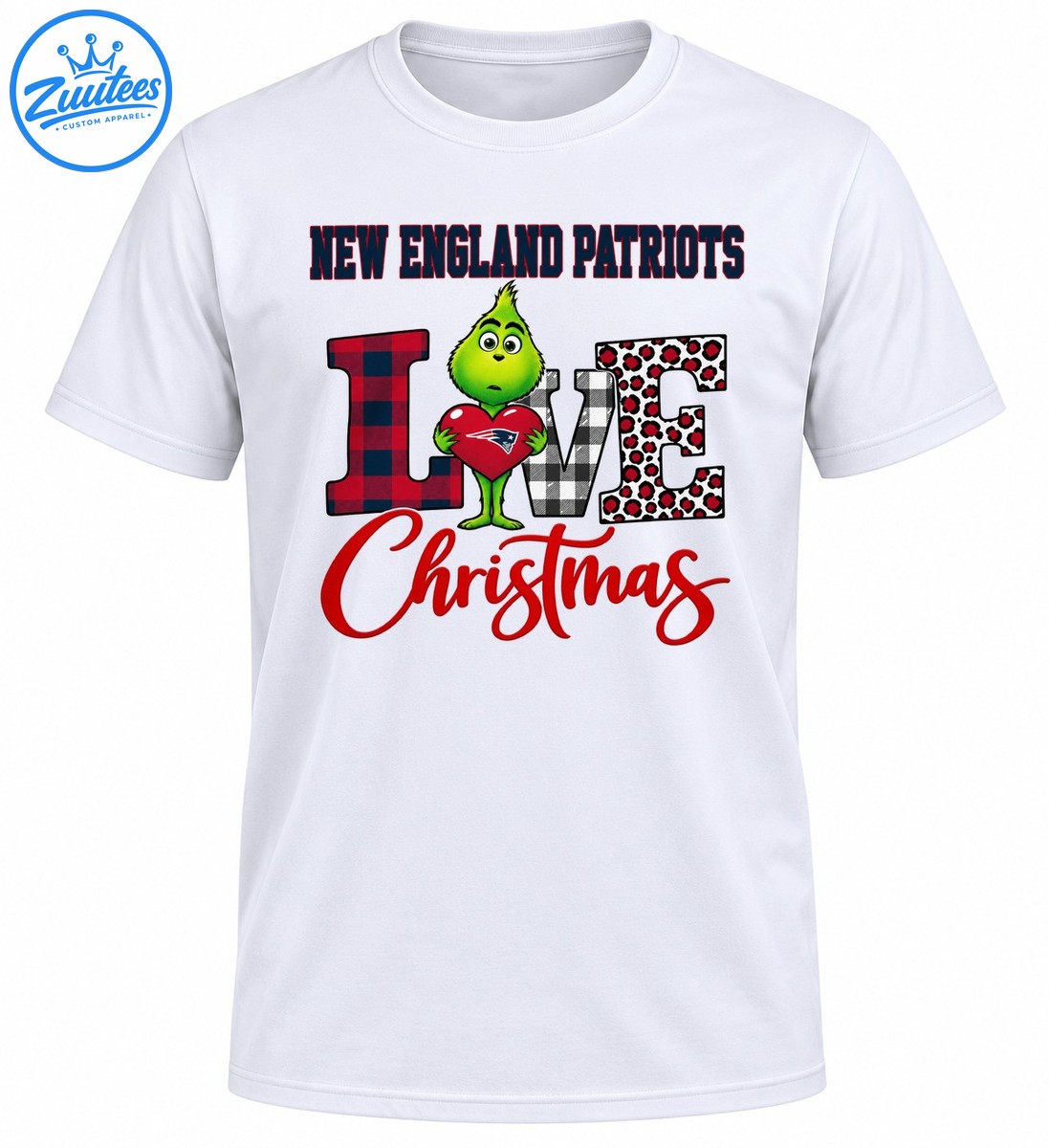 Green Grinch holding a red Patriots heart beside plaid and leopard print LOVE lettering and red Christmas script Green Grinch holding a red Patriots heart beside plaid and leopard-print LOVE lettering and red Christmas script