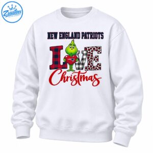 Green Grinch holding a red Patriots heart beside plaid and leopard-print LOVE lettering and red Christmas script