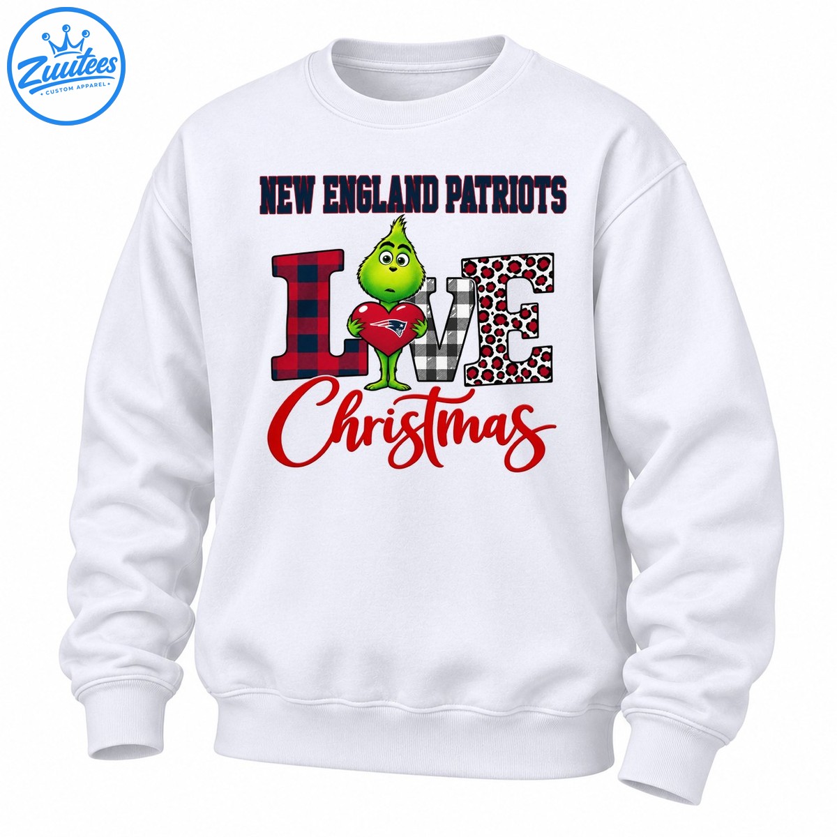 Grinch Holding New England Patriots Heart Merry Christmas Checkered Leopard Pattern Sweatshirt