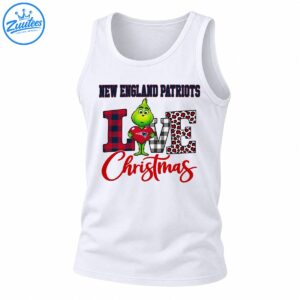 Green Grinch holding a red Patriots heart beside plaid and leopard-print LOVE lettering and red Christmas script