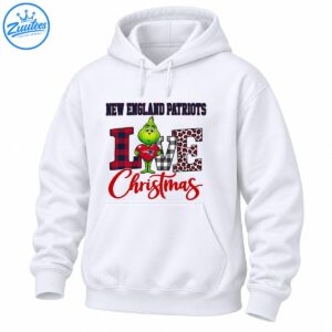 Green Grinch holding a red Patriots heart beside plaid and leopard-print LOVE lettering and red Christmas script