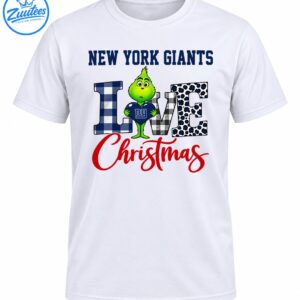 Green Grinch holding a blue heart with NY lettering beside plaid and leopard print LOVE letters and red Christmas script