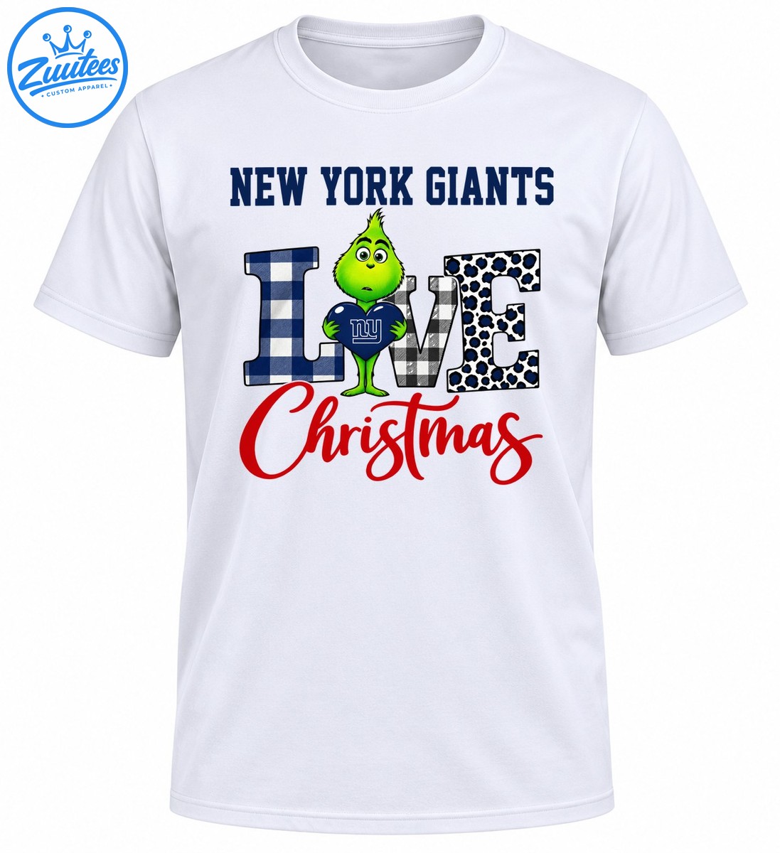 Green Grinch holding a blue heart with NY lettering beside plaid and leopard print LOVE letters and red Christmas script Green Grinch holding a blue heart with NY lettering beside plaid and leopard print LOVE letters and red Christmas script